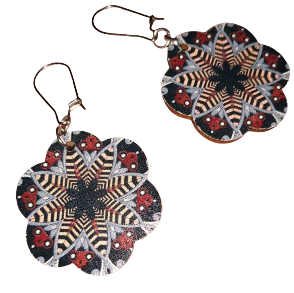 Blue Flower Shape Mandala Earrings Stainless Steel Wires Floral Wood Lightweight 38$